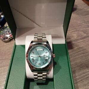 Silver Watch with Light Blue Dial